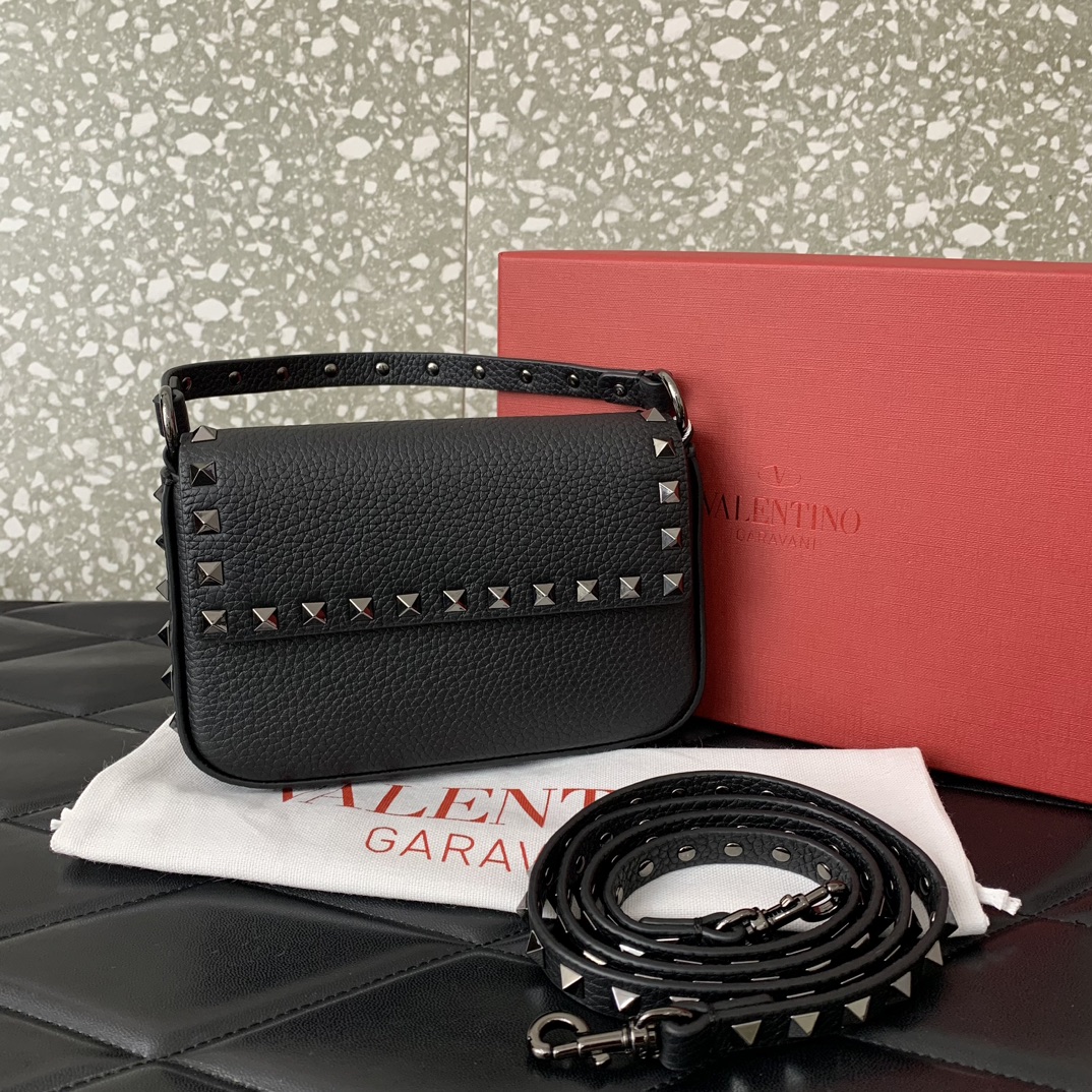 Valentino Garavani Rockstud Small Shoulder Bag in Black Grainy Calfskin